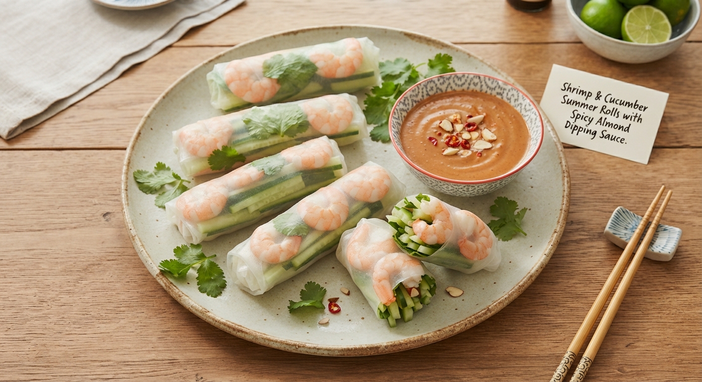 Shrimp & Cucumber Summer Rolls with Spicy Almond Dipping Sauce
