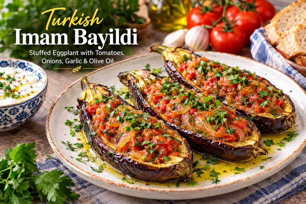 Turkish imam bayildi stuffed eggplant with sweet onions, tomatoes, garlic, parsley, and olive oil