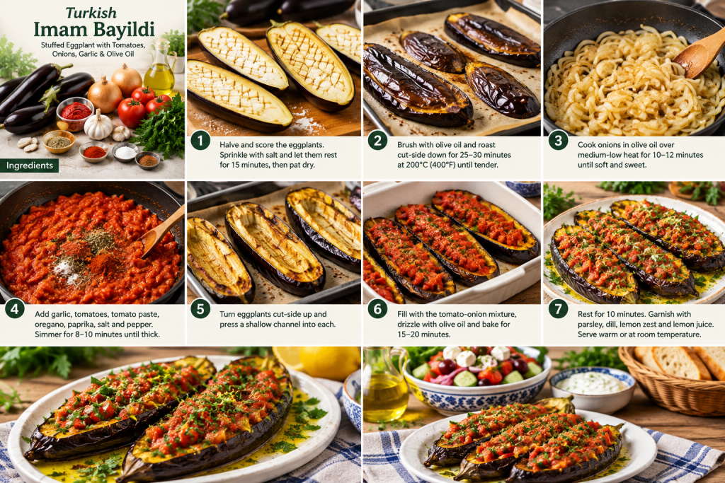 Turkish imam bayildi stuffed eggplant with sweet onions, tomatoes, garlic, parsley, and olive oil