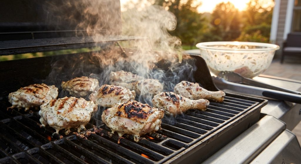 Greek yogurt marinated chicken cooking on an outdoor grill with char marks