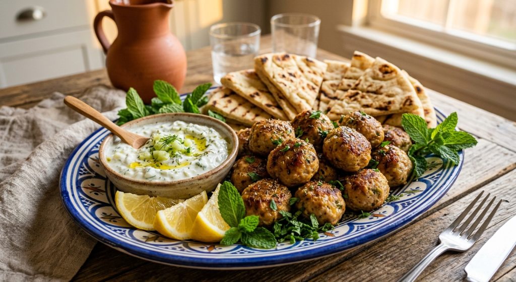 Air fryer Greek meatballs served with tzatziki, lemon, and pita bread
