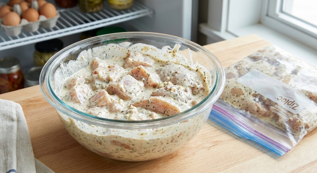 Raw chicken coated in Greek yogurt marinade ready for refrigeration
