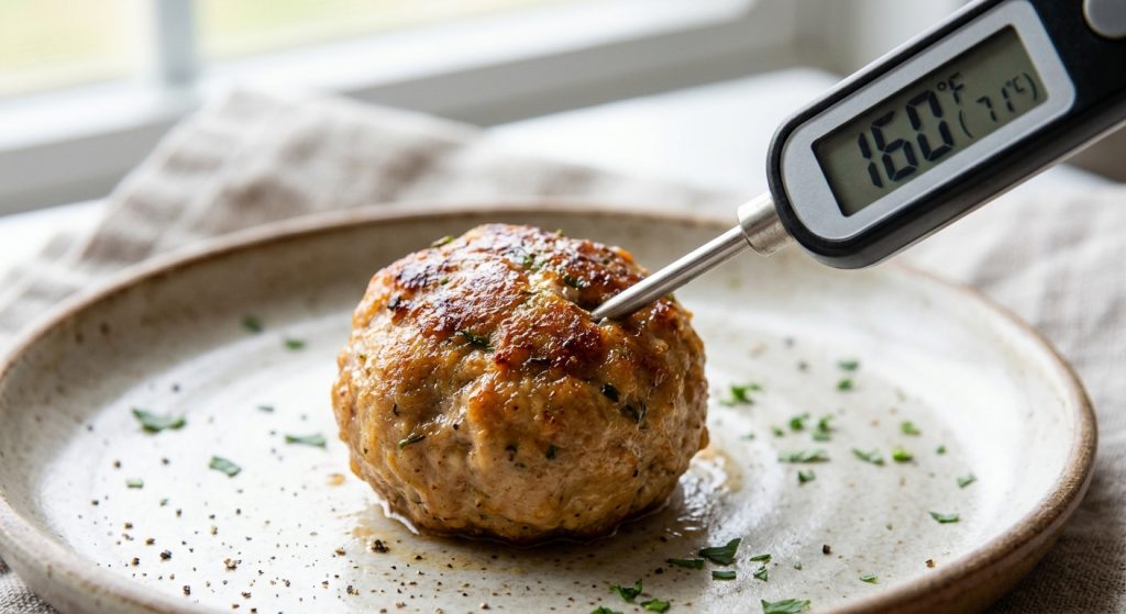 Meat thermometer inserted into a Greek meatball reading 160°F