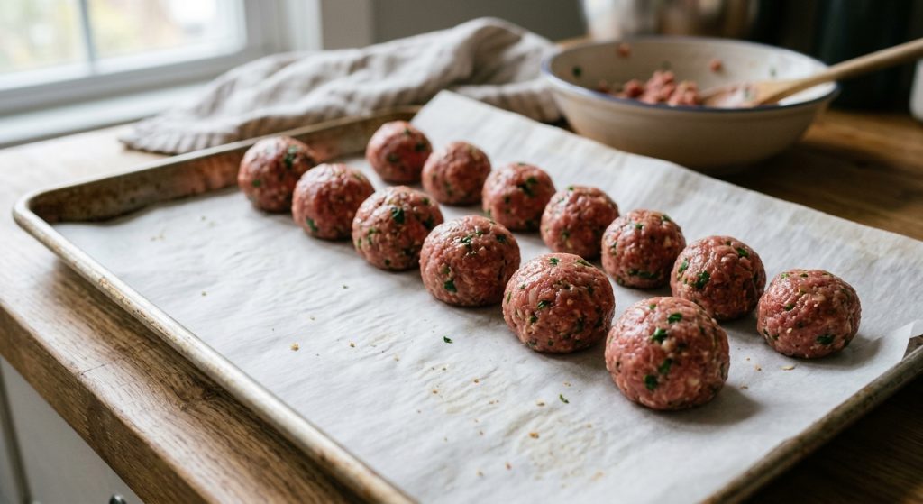 Raw Greek meatballs shaped and ready for the air fryer