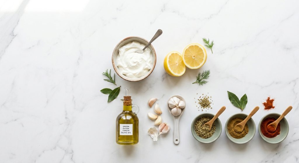 Greek yogurt marinade ingredients including yogurt, lemon, garlic, and Mediterranean spices