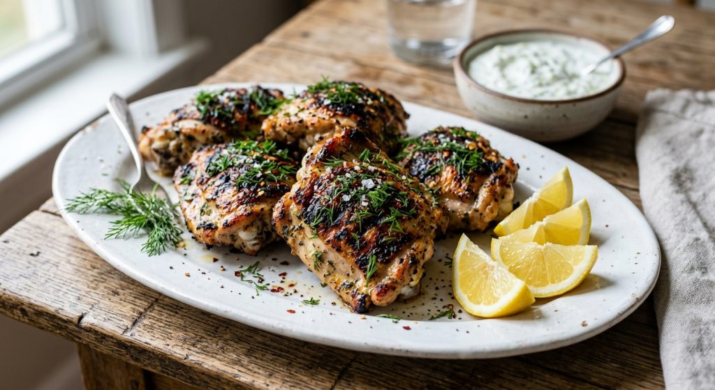 Greek yogurt marinated chicken thighs on a white platter with lemon and fresh dill