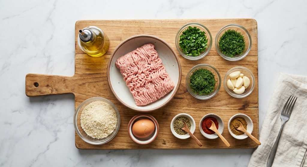 Ingredients for air fryer Greek meatballs including ground lamb, fresh mint, parsley, and spices