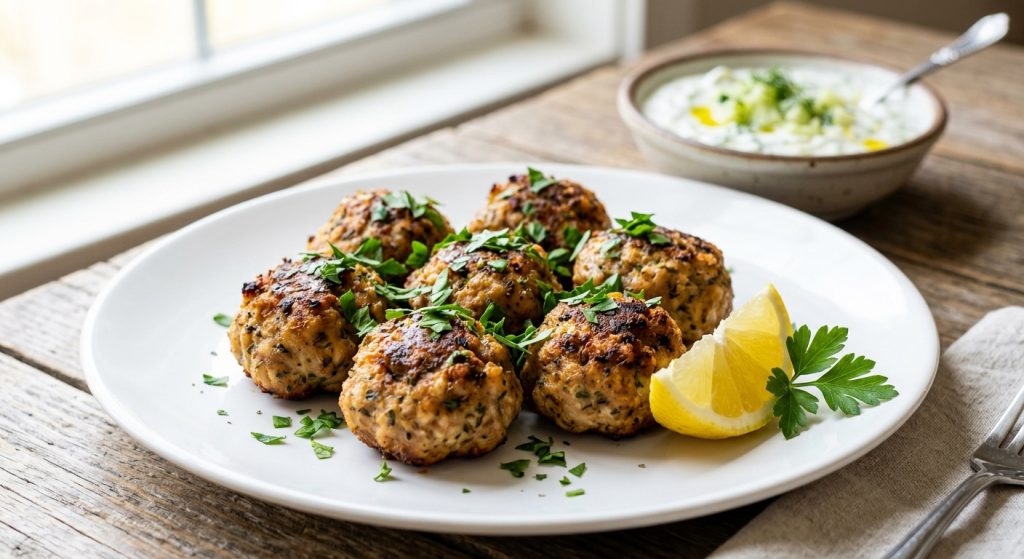 Air fryer Greek meatballs (keftedes) on a white plate with tzatziki and lemon