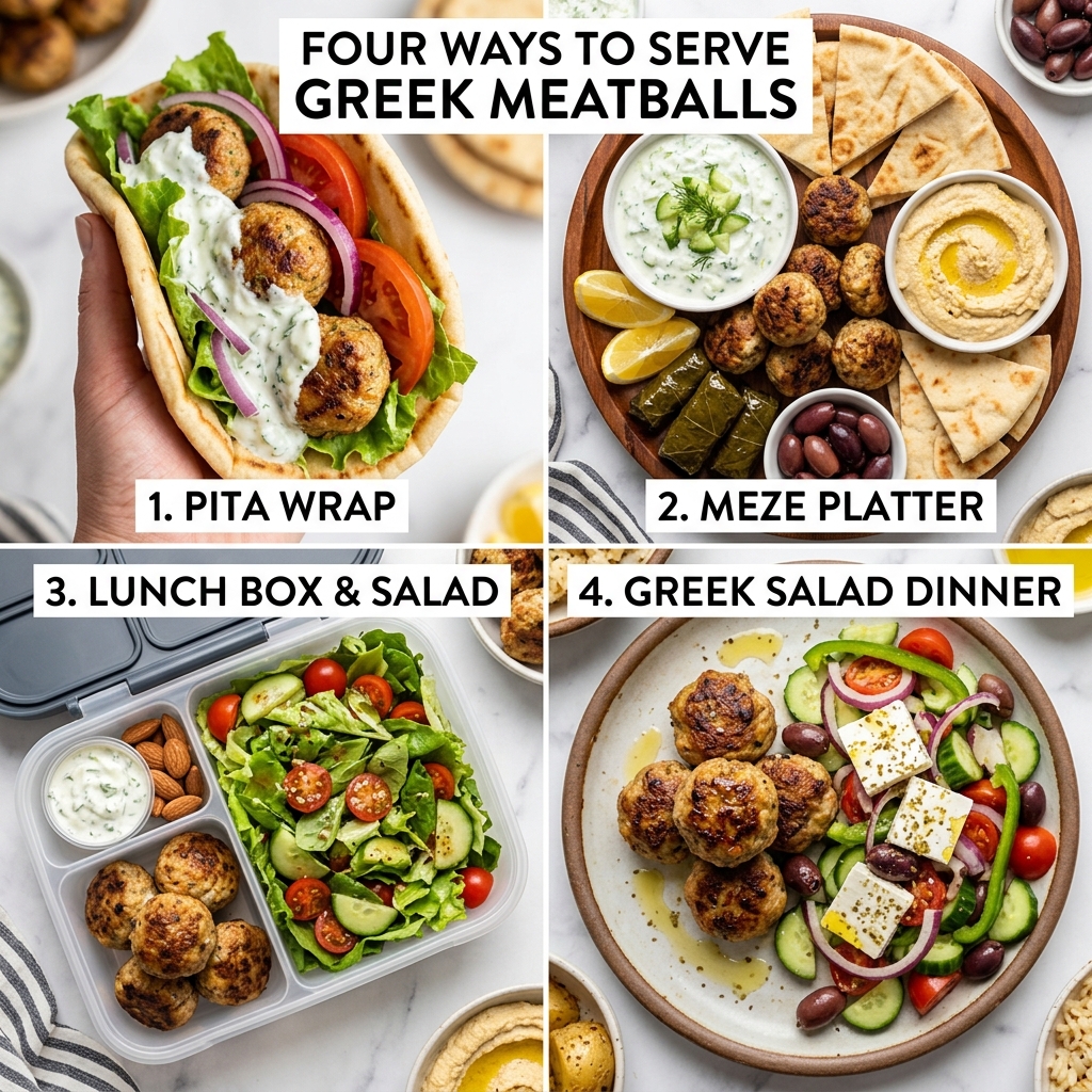 Four ways to serve air fryer Greek meatballs including pita wraps and meze platters