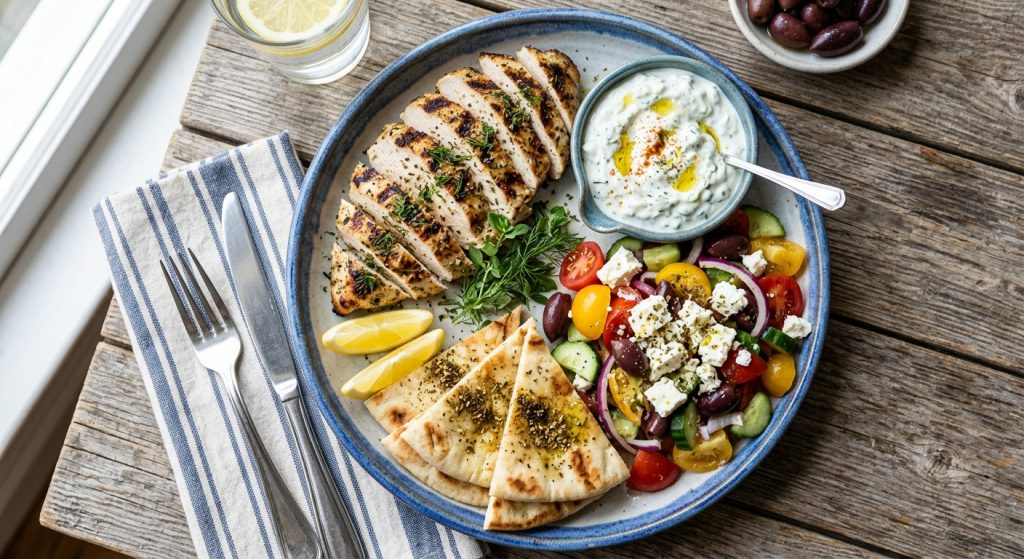Greek yogurt marinated chicken served with tzatziki, Greek salad, and pita bread