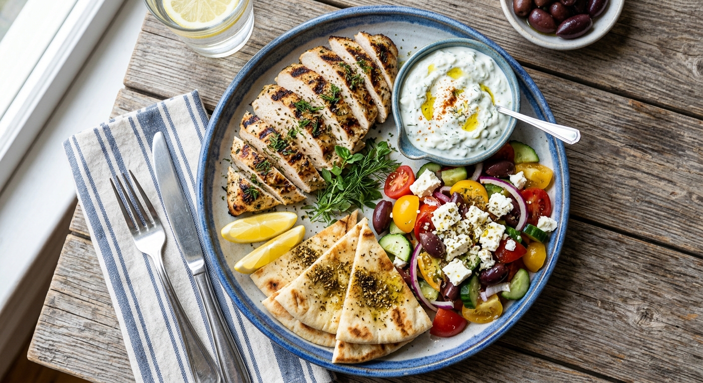 Greek yogurt marinated chicken served with tzatziki, Greek salad, and pita bread