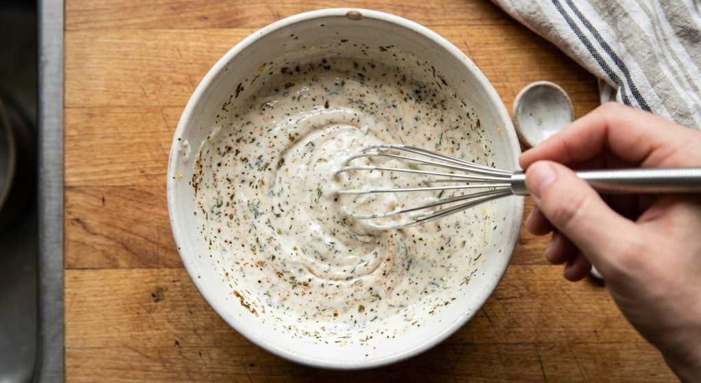 Whisking Greek yogurt marinade in a ceramic bowl