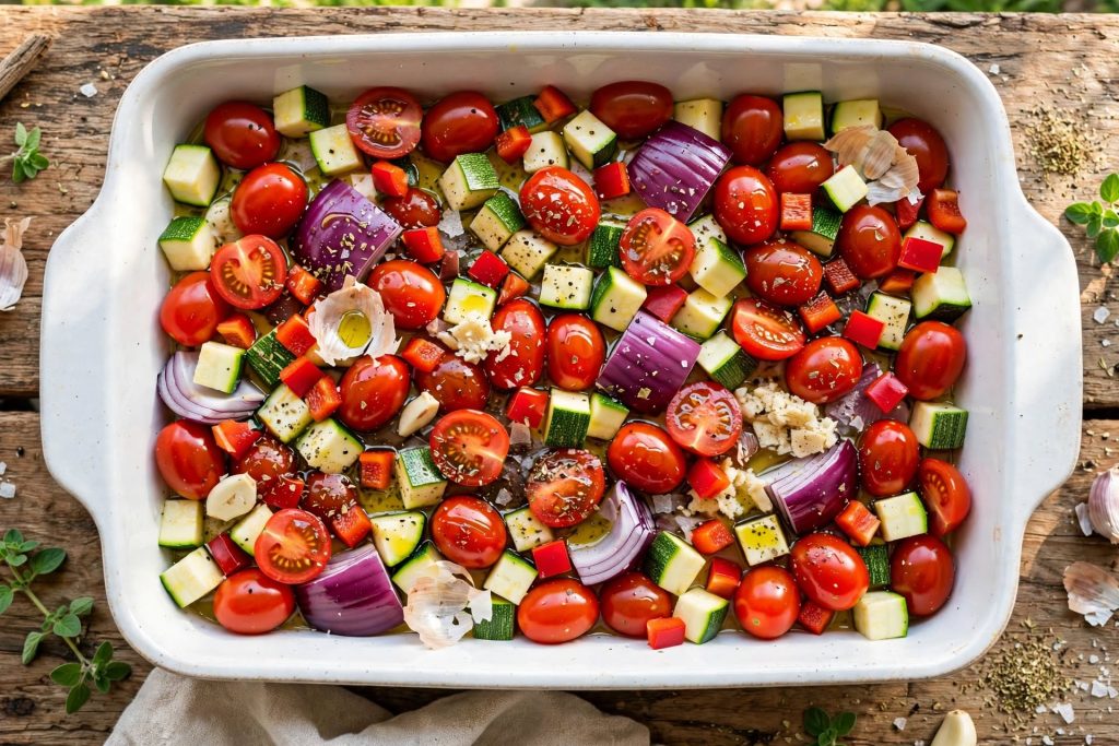 Mediterranean Baked Orzo with Roasted Vegetables and Feta