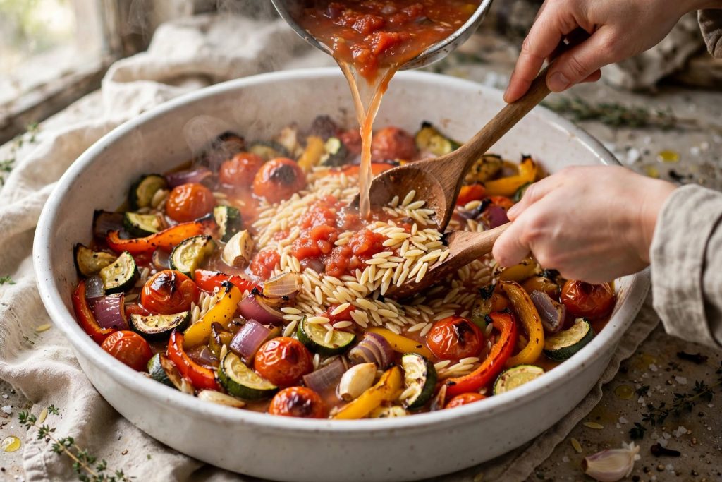Mediterranean Baked Orzo with Roasted Vegetables and Feta