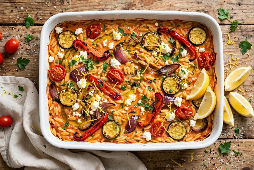Mediterranean Baked Orzo with Roasted Vegetables and Feta