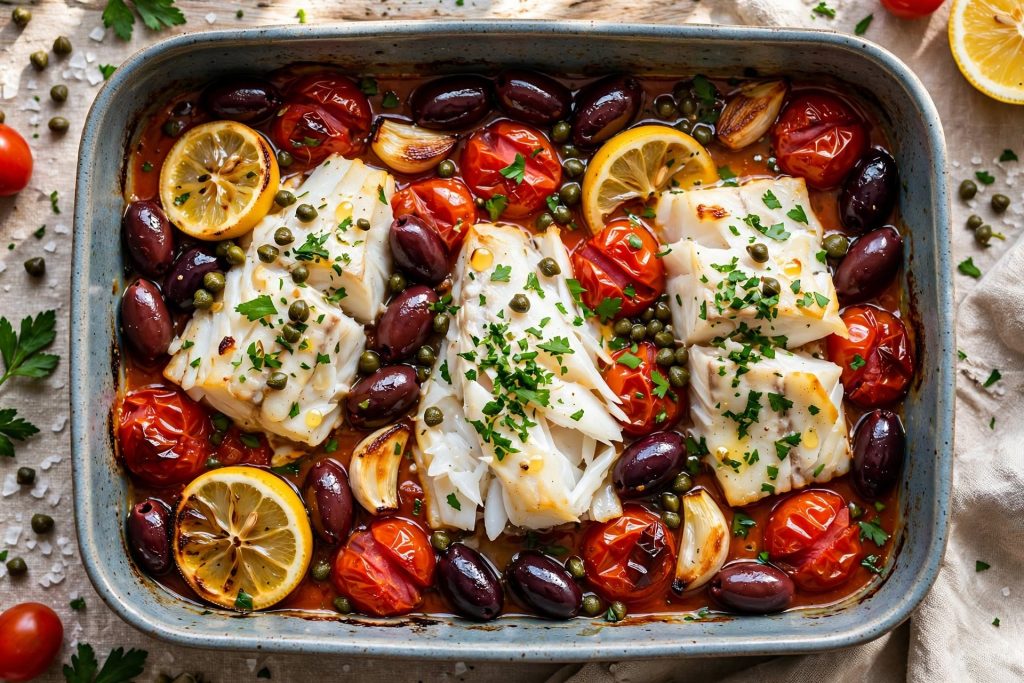 Mediterranean baked cod with tomatoes, Kalamata olives, capers, lemon
