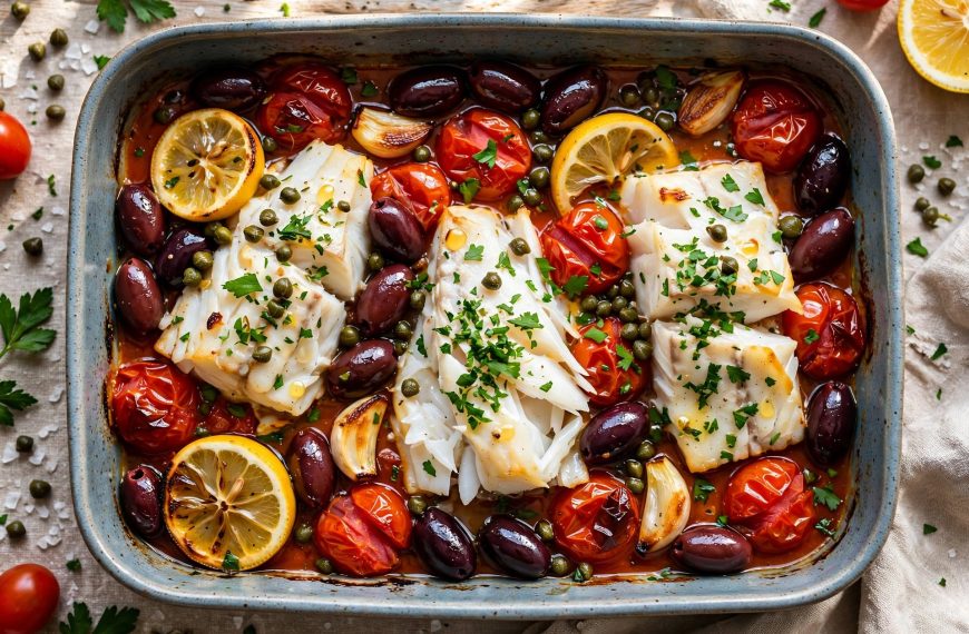 Mediterranean baked cod with tomatoes, Kalamata olives, capers, lemon