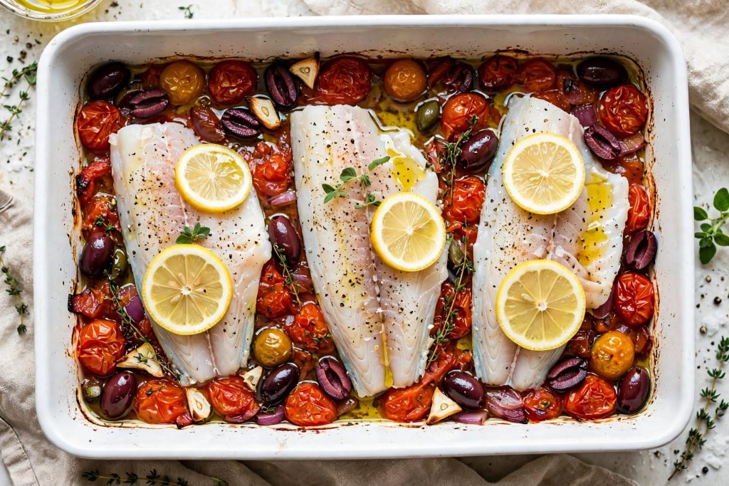 Mediterranean baked cod with tomatoes, Kalamata olives, capers, lemon