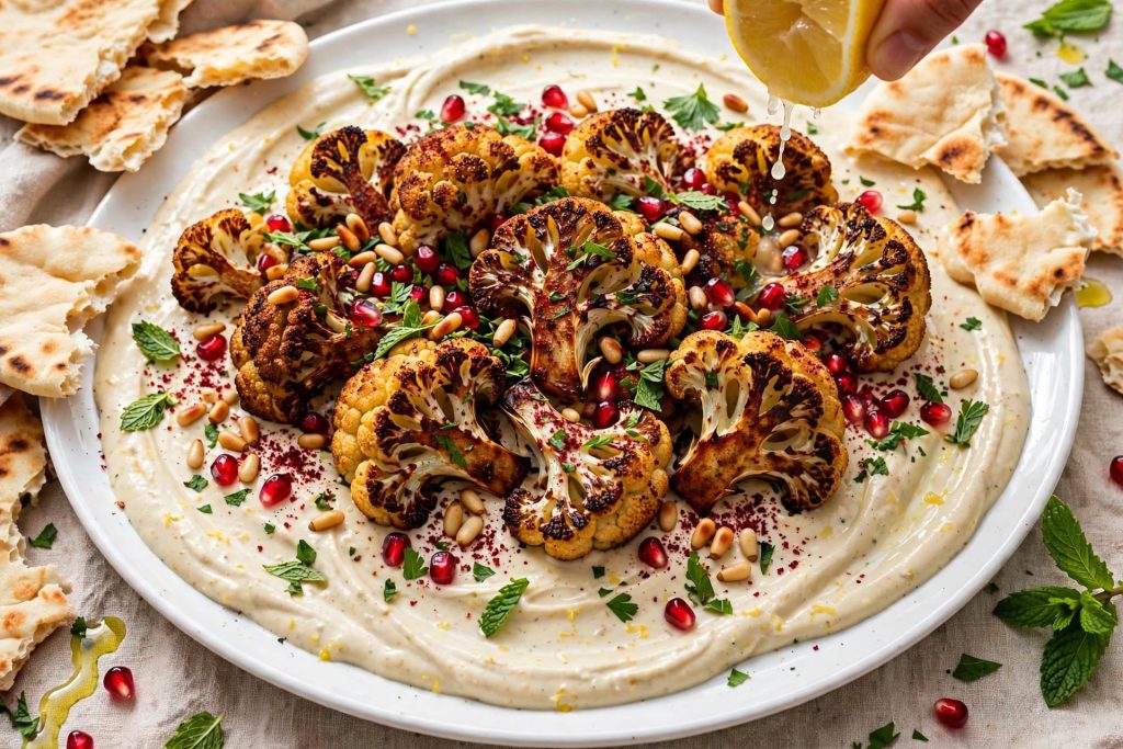 pread lemon-tahini, top with cauliflower, parsley, mint, pine nuts, pomegranate, sumac + lemon