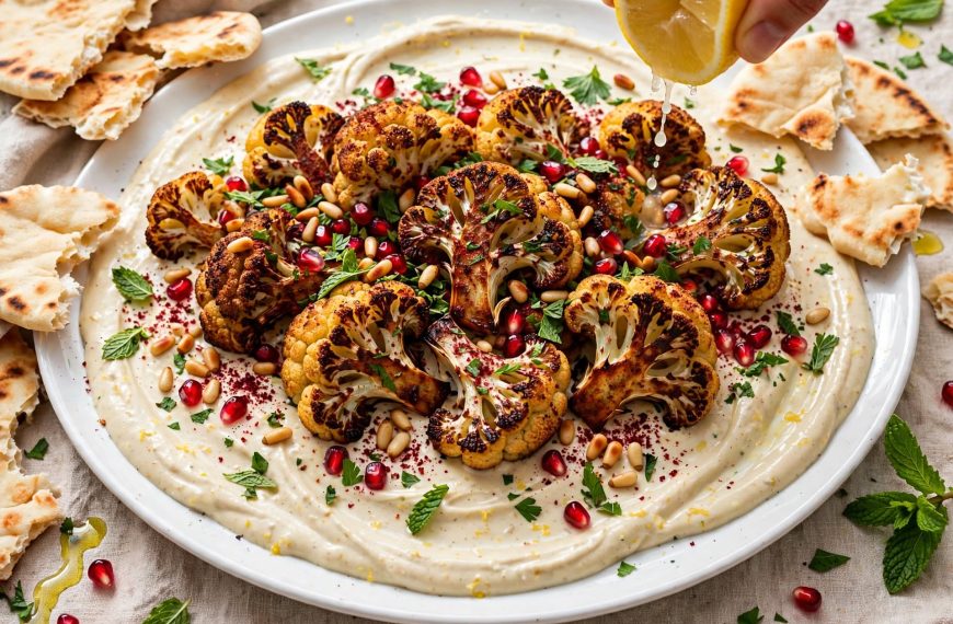 pread lemon-tahini, top with cauliflower, parsley, mint, pine nuts, pomegranate, sumac + lemon