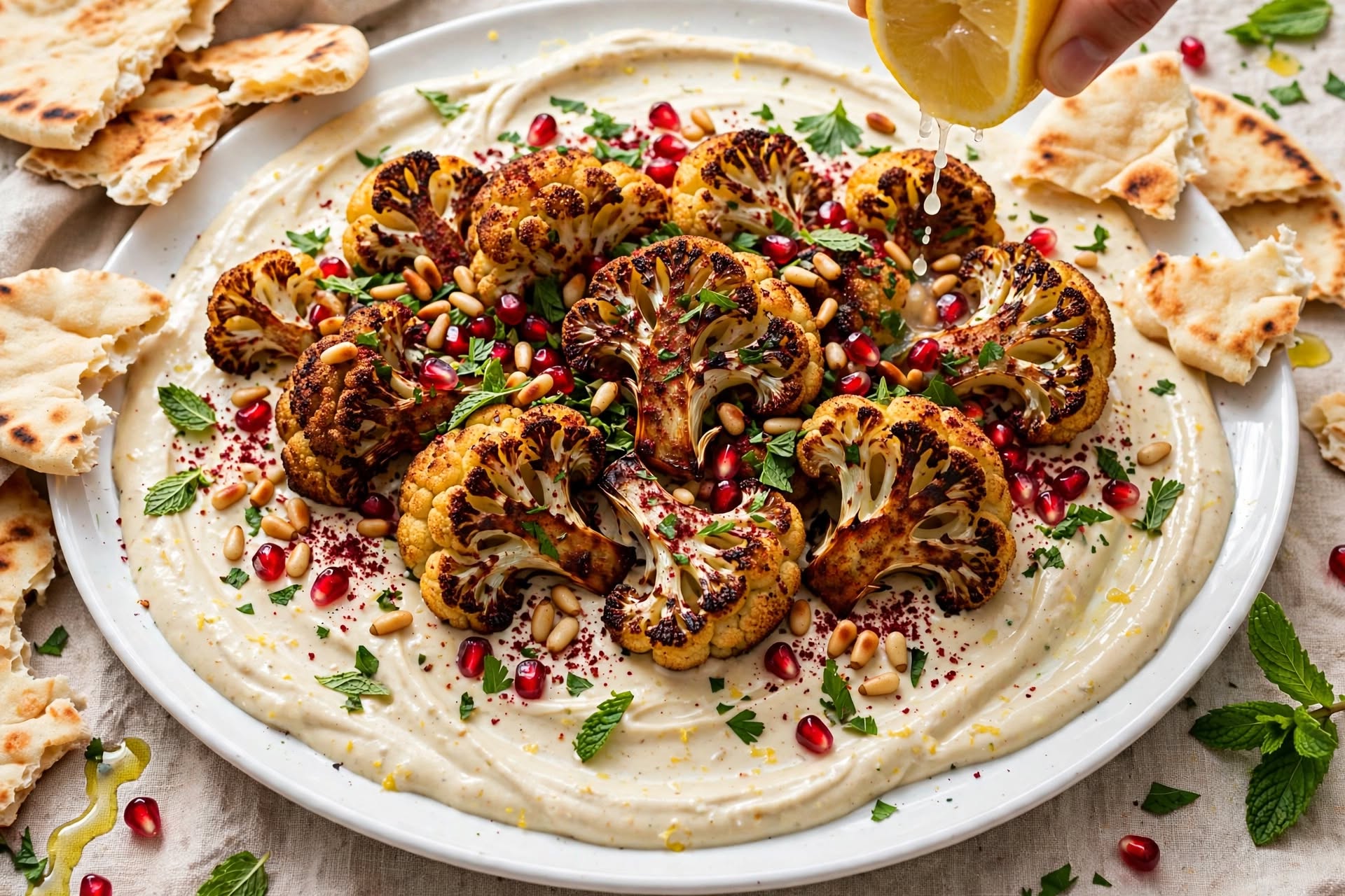 pread lemon-tahini, top with cauliflower, parsley, mint, pine nuts, pomegranate, sumac + lemon