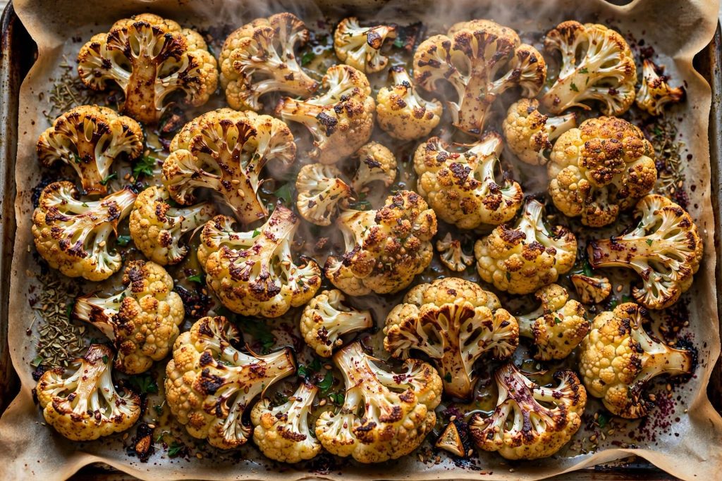pread lemon-tahini, top with cauliflower, parsley, mint, pine nuts, pomegranate, sumac + lemon
