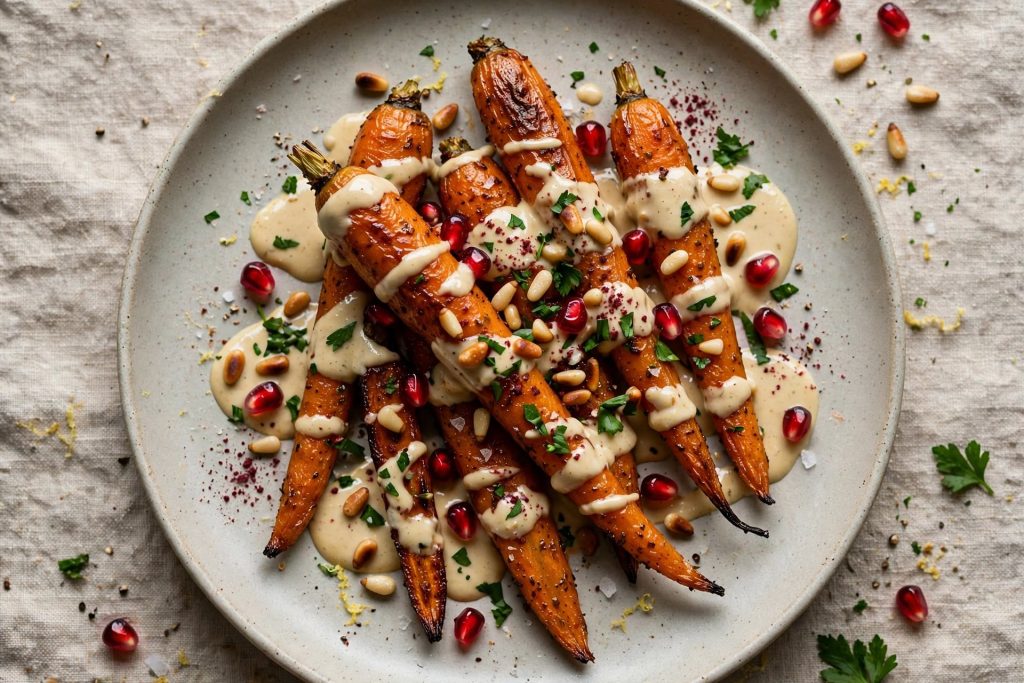 Levantine Roasted Carrots with Lemon Tahini and Pomegranate