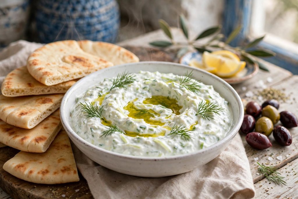 authentic Greek tzatziki sauce in a bowl with olive oil