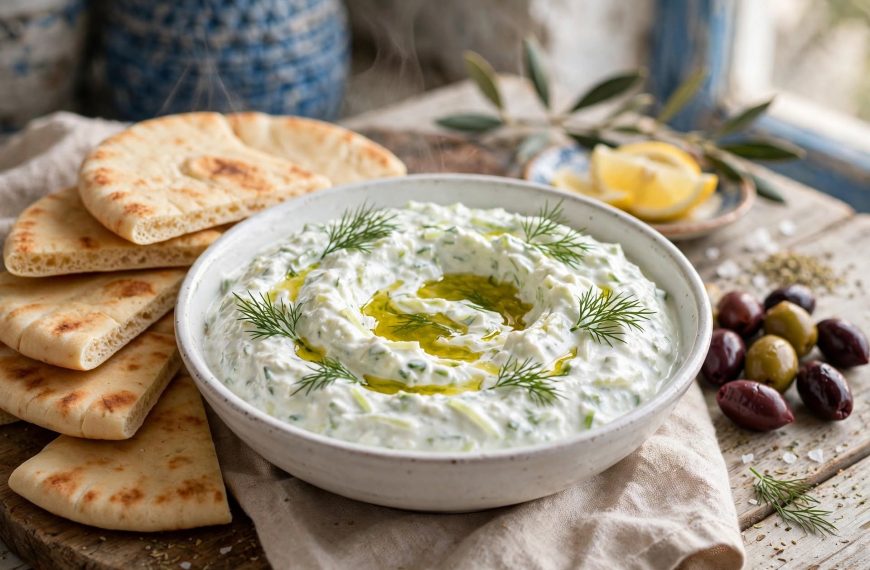 authentic Greek tzatziki sauce in a bowl with olive oil