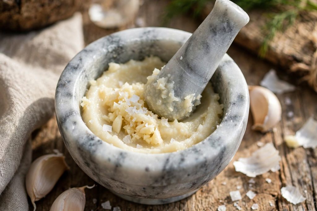 authentic Greek tzatziki sauce in a bowl with olive oil