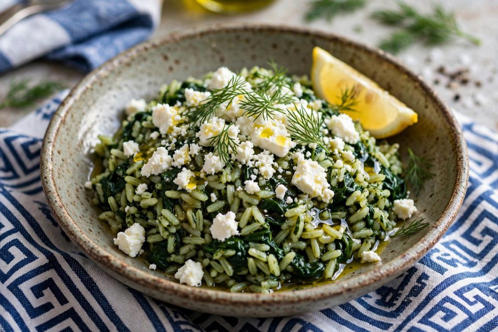 Greek Spinach Rice with Lemon and Feta (Spanakorizo) make 4 photos step by step for article