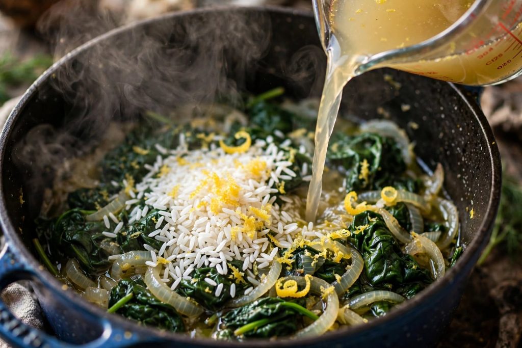 Greek Spinach Rice with Lemon and Feta (Spanakorizo) make 4 photos step by step for article