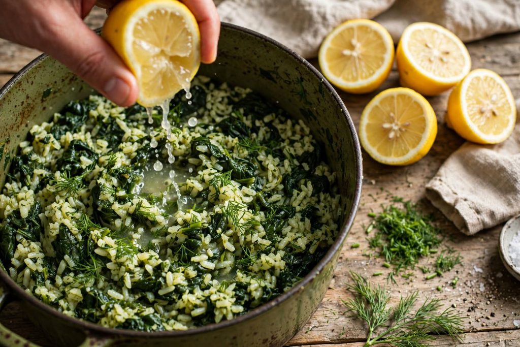 Greek Spinach Rice with Lemon and Feta (Spanakorizo) make 4 photos step by step for article