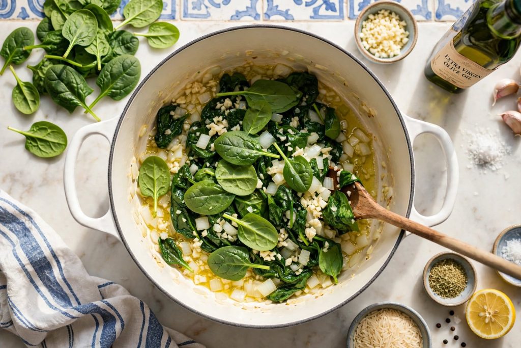 Greek Spinach Rice with Lemon and Feta (Spanakorizo) make 4 photos step by step for article