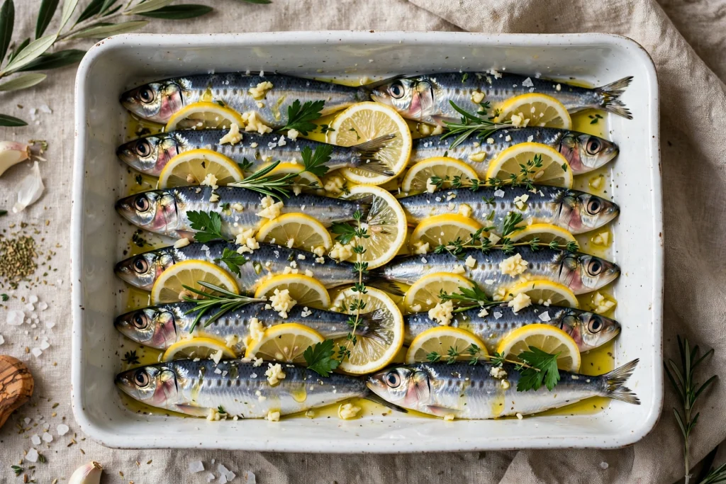Mediterranean Baked Sardines with Lemon, Garlic, and Herbs