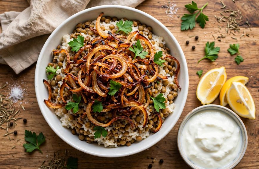 Lebanese Mujadara with Lentils, Rice, and Caramelized Onions make
