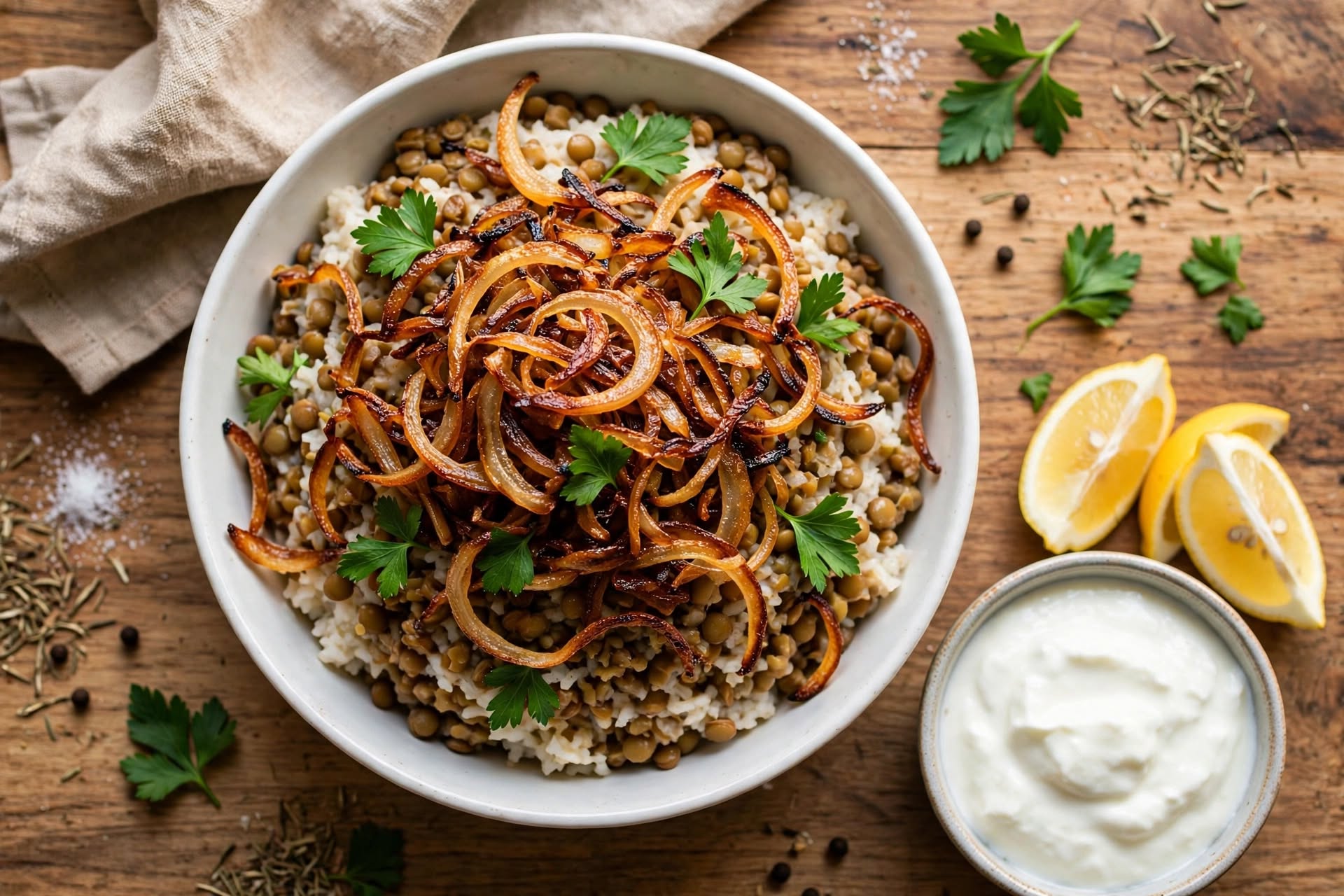 Lebanese Mujadara with Lentils, Rice, and Caramelized Onions make