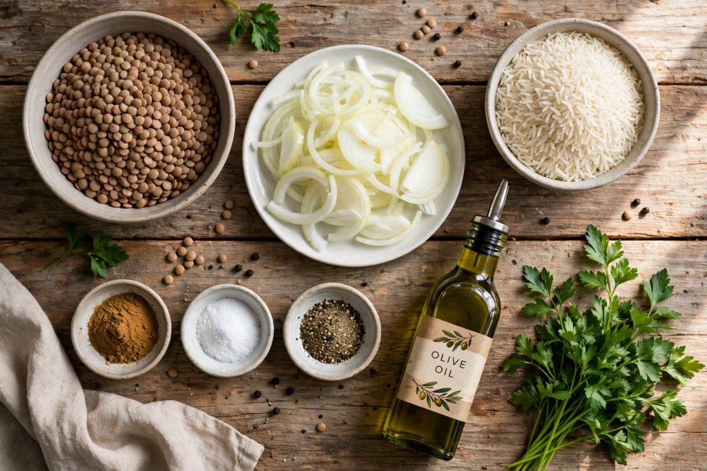 Lebanese Mujadara with Lentils, Rice, and Caramelized Onions make