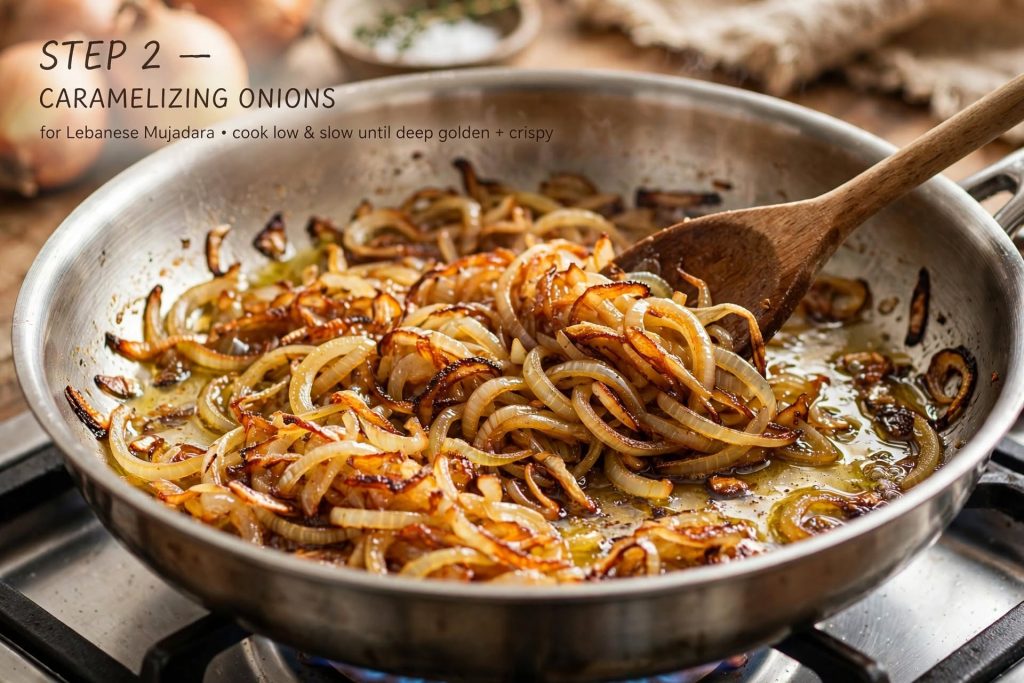 Lebanese Mujadara with Lentils, Rice, and Caramelized Onions make