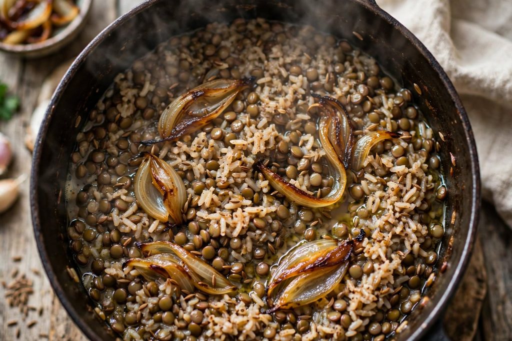 Lebanese Mujadara with Lentils, Rice, and Caramelized Onions make